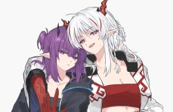 Rule 34 | 2girls, :d, arknights, bandeau, black shirt, breasts, cleavage, collarbone, commentary, highres, horns, lava (arknights), looking at viewer, mabing, medium breasts, multicolored hair, multiple girls, nian (arknights), open mouth, pointy ears, purple eyes, purple hair, red hair, shirt, sidelocks, small breasts, smile, strapless, streaked hair, tube top, upper body, white hair