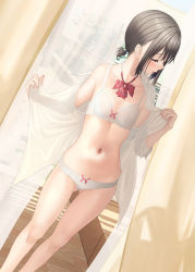 Rule 34 | 1girl, bare shoulders, black hair, bow, bow bra, bow panties, bra, breasts, closed eyes, collarbone, commentary request, diagonal-striped bow, feet out of frame, hair bobbles, hair ornament, highres, low ponytail, mottsun (i 40y), navel, off shoulder, open clothes, open shirt, original, panties, parted lips, ponytail, red bow, shirt, small breasts, solo, standing, underwear, white bra, white panties, white shirt, wooden floor