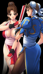 Rule 34 | 2girls, bad id, bad pixiv id, breasts, brown eyes, brown hair, bun cover, capcom, china dress, chinese clothes, chun-li, cleavage, folded fan, crossover, double bun, dress, hand fan, fatal fury, folding fan, japanese clothes, kongeraatio, large breasts, long hair, looking back, multiple girls, pantyhose, pelvic curtain, ponytail, shiranui mai, short hair, smile, snk, street fighter, the king of fighters