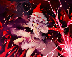 Rule 34 | 1girl, dress, electricity, female focus, hat, looking at viewer, looking back, mob cap, pink dress, polearm, puffy short sleeves, puffy sleeves, red eyes, remilia scarlet, short sleeves, silver hair, solo, spear, tokiame, touhou, wallpaper, weapon