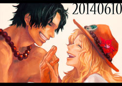 Rule 34 | 10s, 1boy, 1girl, 2014, bad id, bad pixiv id, beads, black hair, blonde hair, closed eyes, dated, freckles, happy, happy tears, hat, letterboxed, long hair, mother and son, one piece, portgas d. ace, portgas d. rouge, prayer beads, sad, short hair, simple background, tears, time paradox, tsuyomaru, white background