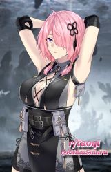 Rule 34 | 1girl, armpits, arms behind head, arms up, bare shoulders, belt, blue eyes, breasts, chinese clothes, cleavage, female rover (wuthering waves), hair ornament, highres, large breasts, looking at viewer, medium breasts, open mouth, pink hair, rikkushinra, rock, short hair, solo, standing, taoqi (wuthering waves), wuthering waves