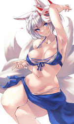 Rule 34 | 1girl, absurdres, alexi oekaki, animal ears, arm up, armpits, azur lane, bikini, blue bikini, blue eyes, blush, breasts, cleavage, collarbone, commentary request, fox ears, fox girl, fox mask, fox tail, highres, kaga (azur lane), kaga (everlasting killing stone) (azur lane), large breasts, looking at viewer, mask, mask on head, multiple tails, navel, short hair, silver hair, simple background, solo, swimsuit, tail, thighs, white background