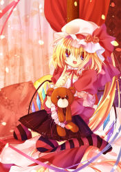 Rule 34 | 1girl, :d, alternate costume, anna (small night), blonde hair, fang, female focus, flandre scarlet, flower, hane (x20285), hat, hat flower, mob cap, open mouth, pillow, red eyes, sitting, smile, solo, striped clothes, striped thighhighs, stuffed animal, stuffed toy, teddy bear, thighhighs, touhou
