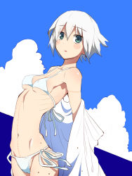 Rule 34 | 1girl, bikini, blush stickers, breasts, cloud, cloudy sky, commentary, cowboy shot, day, dutch angle, green eyes, highres, looking at viewer, medium breasts, navel, ocean, original, outdoors, parted lips, sanako (tsunosame), scar, shirt, short hair, side-tie bikini bottom, sky, solo, standing, stitches, swimsuit, tsunosame, undressing, water drop, white bikini, white hair, white shirt