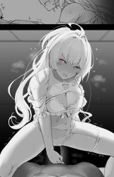Rule 34 | 1boy, 1girl, ahoge, bare shoulders, bikini, breasts, cleavage, erection, fate/grand order, fate (series), frilled bikini, frills, greyscale, guided penetration, hetero, highres, imminent penetration, imminent vaginal, lady avalon (fate), lady avalon (second ascension) (fate), long hair, looking at viewer, medium breasts, merlin (fate/prototype), monochrome, navel, open mouth, penis, pink eyes, smile, spot color, spread legs, swimsuit, thighs, very long hair, wakamochi-ta