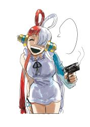 Rule 34 | 1girl, artist request, bare legs, blue eyes, breasts, dress, gun, hair over one eye, highres, holding, holding gun, holding weapon, large breasts, long sleeves, multicolored hair, one piece, one piece film: red, red hair, ribbon, shaded face, smile, solo, speech bubble, two-tone hair, uta (one piece), weapon, what, white hair