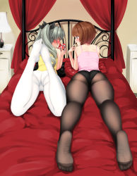 Rule 34 | 10s, 2girls, anchovy (girls und panzer), ass, bad id, bad tumblr id, bed, black legwear, blush, box, box of chocolates, brown eyes, brown hair, camisole, chocolate, derauea, drill hair, eating, feet, from behind, gift, gift box, girls und panzer, grey hair, heart-shaped box, lamp, long hair, lying, multiple girls, nightstand, nishizumi miho, no shoes, on stomach, panties, panties under pantyhose, pantyhose, pillow, ribbon, short hair, soles, toes, twin drills, twintails, underwear, valentine, white legwear