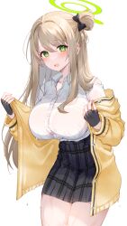 Rule 34 | 1girl, black gloves, black skirt, blue archive, blush, breasts, buttons, cardigan, collared shirt, cowboy shot, fingerless gloves, gloves, green eyes, green halo, halo, highres, large breasts, light brown hair, long hair, long sleeves, looking at viewer, manya drhr, nonomi (blue archive), open cardigan, open clothes, open mouth, pleated skirt, shirt, simple background, skirt, solo, white background, white shirt, yellow cardigan
