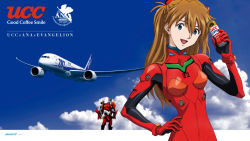 Rule 34 | 00s, 10s, 1girl, aircraft, airplane, all nippon airways, blue background, blue eyes, blue sky, bodysuit, boeing 787, brown hair, can, canned coffee, cloud, coffee, day, drink can, eva 02, evangelion: 2.0 you can (not) advance, evangelion: 3.0 you can (not) redo, hair ornament, hand on own hip, highres, holding, humanoid robot, logo, long hair, looking at viewer, mecha, neon genesis evangelion, nerv, official art, official wallpaper, photo (medium), photo background, pilot suit, plugsuit, product placement, promotional art, rebuild of evangelion, robot, sky, smile, solo, souryuu asuka langley, two side up, ucc coffee, wallpaper
