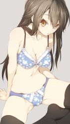 Rule 34 | 10s, 1girl, :&lt;, arm support, bad anatomy, bare shoulders, black hair, black thighhighs, blue panties, bow, bow panties, bra, breasts, brown eyes, cleavage, feet, haruna (kancolle), kantai collection, lingerie, long hair, looking at viewer, navel, nilitsu, no shoes, panties, pink bra, simple background, sitting, solo, thighhighs, underwear, underwear only