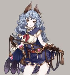 Rule 34 | 10s, 1girl, animal ears, bare legs, belt, blue hair, blue skirt, breasts, brown eyes, brown gloves, cape, closed mouth, cowboy shot, crystal, earrings, erune, eyelashes, ferry (granblue fantasy), frills, frown, gem, gloves, granblue fantasy, grey background, high-waist skirt, highres, holding, holding weapon, hoop earrings, jewelry, legs apart, long hair, looking at viewer, mace, pale skin, rabbit ears, sideboob, simple background, single earring, skirt, solo, wavy hair, weapon, whip, youcapriccio, yuu (higashi no penguin)
