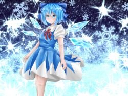 Rule 34 | 1girl, blue eyes, blue hair, bow, cirno, dress, gradient background, hair bow, leaning back, light smile, looking at viewer, matching hair/eyes, puffy short sleeves, puffy sleeves, ribbon, short hair, short sleeves, snowflakes, solo, sparkle, touhou, wings, yunagi (arukumaruta)