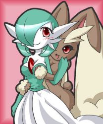 Rule 34 | 2girls, :3, animal ears, blush, breasts, creatures (company), female focus, furry, furry female, game freak, gardevoir, gen 3 pokemon, gen 4 pokemon, grabbing, grabbing another&#039;s breast, green hair, hair over one eye, hands up, hug, hug from behind, looking at viewer, lopunny, lowres, medium breasts, multiple girls, navel, nintendo, no humans, open mouth, pokemon, pokemon (creature), pokemon dppt, pokemon rse, rabbit ears, rabbit tail, red background, red eyes, shiratsuki (royal moon), simple background, smile, standing, tail, yuri