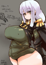 Rule 34 | 1girl, arms behind back, blush, breasts, covered erect nipples, curvy, dom (mobile suit), green eyes, gundam, gundam zeonic front, huge breasts, light purple hair, long hair, looking at viewer, plump, shiro gisu, smile, solo, sophie fran, standing, thick thighs, thighs, wide hips