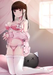 Rule 34 | 1girl, animal-shaped pillow, bare shoulders, black eyes, black hair, blush, bra, breasts, collarbone, heart, heart-shaped pillow, highres, kotohane, looking at viewer, navel, original, panties, pillow, pink bra, pink panties, pink sweater, pout, side-tie panties, solo, sweater, thighhighs, twintails, underwear, undressing, white thighhighs, window