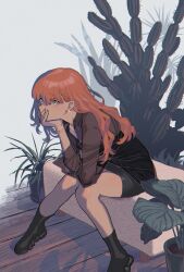 Rule 34 | 1girl, black dress, black footwear, black shirt, blue eyes, bracelet, cactus, character request, commission, copyright request, dress, earrings, head rest, highres, indoors, jewelry, katsuoboshi, knees together feet apart, long hair, long sleeves, orange hair, plant, potted plant, see-through, see-through shirt, shirt, sitting, sleeveless, sleeveless dress, solo, wooden floor