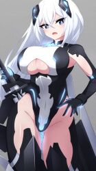 Rule 34 | 1girl, black gloves, black leotard, black thighhighs, blue eyes, breasts, cleavage, cleavage cutout, clothing cutout, covered navel, den noko, elbow gloves, gloves, gluteal fold, grey background, groin, hand on own hip, headgear, highleg, highleg leotard, highres, large breasts, leotard, long hair, looking at viewer, open mouth, original, simple background, solo, sword, thigh gap, thighhighs, thighs, two-tone leotard, weapon, white hair, white leotard