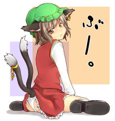 Rule 34 | 1girl, :t, animal ears, ass, bad id, bad pixiv id, blush, brown eyes, brown hair, cat ears, cat girl, cat tail, chen, earrings, female focus, frown, full body, hat, jewelry, looking at viewer, looking back, multiple tails, panties, pout, ribbon, shoes, short hair, simple background, sitting, solo, tail, tail ornament, tail ribbon, touhou, underwear, warabino matsuri, wariza