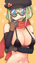 Rule 34 | 1girl, bare shoulders, bikini, black bikini, black hat, black sleeves, blue eyes, borrowed character, breasts, brown gloves, cabbie hat, cleavage, closed mouth, commentary request, deal with it (meme), detached sleeves, gloves, green hair, hair between eyes, hand up, hat, highres, large breasts, long hair, long sleeves, meme, navel, orange background, original, red scarf, sai koro, scarf, simple background, smile, solo, sparkle, swimsuit, torn clothes, torn scarf, upper body, yunomiya agari