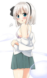 Rule 34 | 1girl, blue eyes, blush, bra, breasts, from behind, green skirt, highres, hitodama, konpaku youmu, konpaku youmu (ghost), looking at viewer, looking back, off shoulder, open clothes, open mouth, open shirt, pink bra, pleated skirt, ribbon, shirt, shishiky, short hair, skirt, small breasts, solo, thighs, touhou, underwear, undressing, white hair, white shirt