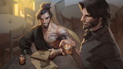 Rule 34 | 2boys, alcohol, asymmetrical clothes, bare shoulders, beard, brown eyes, brown hair, cassidy (overwatch), chair, collarbone, cup, dragon print, dragon tattoo, drinking glass, et.m, facial hair, furrowed brow, glass, goatee, hair ribbon, hanzo (overwatch), holding, holding cup, holding drinking glass, ice, ice cube, japanese clothes, kimono, male focus, multiple boys, muscular, mustache, overwatch, overwatch 1, ponytail, poster (medium), poster (object), ribbon, shirt, short hair, smile, table, tattoo, upper body, wanted, whiskey, wing collar