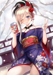 Rule 34 | 1girl, ;3, bad id, bad pixiv id, blonde hair, blue eyes, blush, branch, can, canned tea, closed mouth, collarbone, commentary request, dutch angle, fate/grand order, fate (series), floral print, flower, hair between eyes, hair flower, hair ornament, harimoji, holding, holding can, japanese clothes, kimono, long hair, long sleeves, looking at viewer, miyamoto musashi (fate), obi, off shoulder, one eye closed, ponytail, print kimono, purple kimono, red flower, red rose, rose, sash, sidelocks, smile, snow, snowing, solo, v, wide sleeves