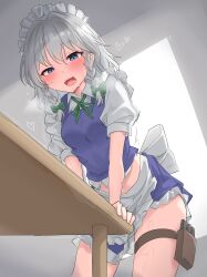 Rule 34 | 1girl, absurdres, apron, arm support, blue eyes, blue skirt, blue vest, blush, bow, braid, breasts, commentary request, cowboy shot, crotch rub, frilled skirt, frills, green bow, green ribbon, grey background, grey hair, hair between eyes, heart, highres, izayoi sakuya, maid headdress, masturbation, midriff peek, neck ribbon, open mouth, pouch, ribbon, shirt, short sleeves, skirt, small breasts, solo, standing, sweat, table humping, thigh pouch, touhou, trembling, twin braids, very sweaty, vest, waist apron, white apron, white background, white shirt, wing collar, youmu-kun