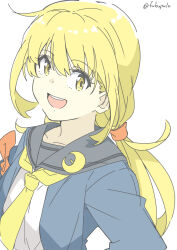 Rule 34 | 1girl, armband, black sailor collar, blonde hair, blue jacket, crescent, crescent pin, fubupula, jacket, kantai collection, long hair, long sleeves, looking at viewer, low twintails, neckerchief, one-hour drawing challenge, open mouth, pale color, round teeth, sailor collar, sailor shirt, satsuki (kancolle), satsuki kai ni (kancolle), shirt, simple background, smile, solo, teeth, twintails, twitter username, upper body, upper teeth only, white background, white shirt, yellow eyes, yellow neckerchief