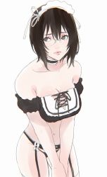 Rule 34 | 1girl, bare shoulders, bikini, black bikini, black choker, black eyes, black hair, black panties, bow, bow panties, breasts, choker, cleavage, commentary, cosmetics, cowboy shot, crop top, frilled choker, frills, garter straps, girls und panzer, highres, kawashima momo, lace, lace-trimmed panties, lace-up top, lace trim, lipstick tube, looking at viewer, maid, maid bikini, maid headdress, medium breasts, monocle, navel, off-shoulder shirt, off shoulder, panties, shirt, short hair, simple background, solo, standing, swimsuit, umiu (hoge), unconventional maid, underwear, white background