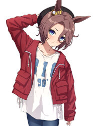 Rule 34 | 1girl, animal ears, arm up, black headwear, blush, brown hair, closed mouth, collarbone, commentary, cowboy shot, denim, ear ornament, hair between eyes, highres, horse ears, horse girl, jacket, jeans, long sleeves, looking at viewer, narita taishin (umamusume), official alternate costume, open clothes, open jacket, pants, print shirt, red jacket, shirt, short hair, simple background, solo, umamusume, white background, white shirt, yahiro (epicopeiidae)