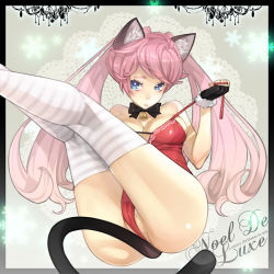Rule 34 | 1girl, animal ears, ass, bell, blue eyes, bow, breasts, cat ears, cat tail, cleavage, fingerless gloves, gloves, hitowa, kneepits, legs, long legs, original, pink hair, solo, striped clothes, striped thighhighs, tail, thighhighs, thighs, twintails, undressing