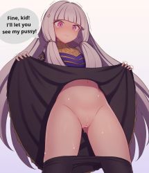 Rule 34 | 1girl, anger vein, angry, bar censor, black pantyhose, blunt bangs, blush, censored, cleft of venus, clothes lift, clothes pull, dress, dress lift, english text, female focus, fire emblem, fire emblem: three houses, fire emblem warriors: three hopes, gluteal fold, grey hair, hair ribbon, hondaranya, lifting own clothes, long hair, looking at viewer, lysithea von ordelia, navel, nintendo, no panties, non-web source, official alternate costume, official alternate hairstyle, pantyhose, pantyhose pull, pink eyes, pussy, ribbon, sidelocks, simple background, skirt, skirt lift, solo, speech bubble, spread legs, stomach, sweat, trembling, tress ribbon, very long hair, white background
