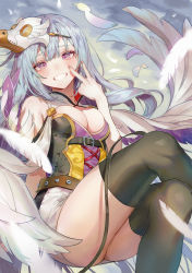 Rule 34 | 1girl, belt, black thighhighs, blue hair, blush, breasts, character request, cleavage, commentary request, copyright request, crossed legs, eyelashes, feathers, hand up, highres, inward v, long hair, looking at viewer, purple eyes, sleeveless, solo, teeth, thighhighs, v, zuizi