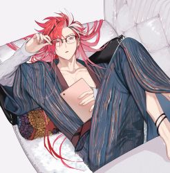 Rule 34 | 1boy, alternate costume, black-framed eyewear, black hair, chair, commentary request, couch, earrings, expressionless, eyebrow cut, fate/grand order, fate (series), feet out of frame, glasses, highres, holding, ipad, japanese clothes, jewelry, k500yen, kimono, long hair, long sleeves, looking at viewer, lying, male focus, multicolored hair, open clothes, open kimono, red eyes, red hair, solo, split-color hair, streaked hair, tablet pc, takasugi shinsaku (fate), white hair