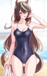Rule 34 | 1girl, absurdres, animal ears, breasts, brown hair, cleavage, competition school swimsuit, cowboy shot, highres, horse ears, horse girl, horse tail, huziko32, long hair, looking at viewer, medium breasts, multicolored hair, school swimsuit, solo, standing, swimsuit, symboli rudolf (umamusume), tail, towel, umamusume, white hair