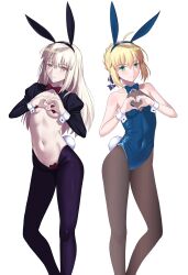 2girls absurdres ahoge alternate_hairstyle animal_ears aqua_eyes artoria_pendragon_(fate) blonde_hair blue_bow bow contrapposto covered_navel detached_collar expressionless fate/grand_order fate_(series) heart_maebari heart_pasties highres leotard longdq3008 looking_at_viewer maebari meme_attire multiple_girls navel necktie pantyhose pasties playboy_bunny puffy_sleeves rabbit_ears rabbit_tail red_bow reverse_bunnysuit reverse_outfit saber_alter sidelocks smile tail white_background white_hair wrist_cuffs