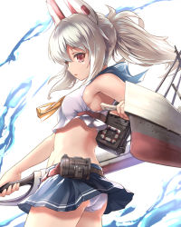 Rule 34 | 1girl, animal ears, armpits, ayanami (azur lane), azur lane, bare shoulders, belt, breasts, commentary request, highres, holding, holding weapon, long hair, looking at viewer, miniskirt, murano (ursa polaris), panties, pleated skirt, red eyes, school uniform, serafuku, silver hair, skirt, small breasts, solo, underwear, weapon, white panties
