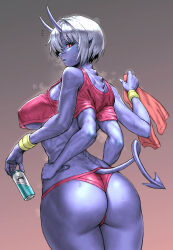 Rule 34 | absurdres, ass, blue skin, breasts, clothing cutout, colored skin, commentary, crop top, demon girl, demon tail, energy drink, extra arms, hair between eyes, hands on own hips, highres, horns, large breasts, looking at viewer, looking back, maruyama rui, micro shorts, notice lines, oni horns, original, parted lips, red eyes, short hair, shorts, slit pupils, sportswear, steaming body, tail, tail through clothes, towel, underboob, white hair, wristband