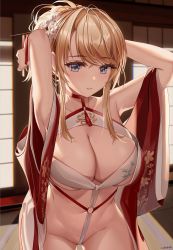 Rule 34 | 1girl, armpits, arms up, asato mai, azur lane, bare shoulders, blonde hair, blue eyes, blush, braid, breasts, chinese clothes, cleavage, cleavage cutout, clothing cutout, collarbone, commentary, cowboy shot, crown braid, dress, floral print, flower, glorious (azur lane), glorious (pungent plum) (azur lane), groin, hair between eyes, hair flower, hair intakes, hair ornament, hair stick, highres, indoors, kanzashi, large breasts, looking at viewer, navel, o-ring, official alternate costume, open clothes, parted lips, red dress, solo, stomach, teeth, white flower, wide sleeves