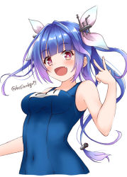 Rule 34 | 1girl, :d, bad id, bad pixiv id, bare arms, bare shoulders, blue hair, blue one-piece swimsuit, blunt bangs, blush, covered navel, cropped torso, fang, gradient hair, hair ribbon, hand up, headgear, hoshino kagari, i-19 (kancolle), kantai collection, long hair, looking at viewer, multicolored hair, name tag, one-piece swimsuit, open mouth, pink eyes, pink ribbon, purple hair, ribbon, school swimsuit, sidelocks, simple background, skin tight, smile, solo, star-shaped pupils, star (symbol), swimsuit, symbol-shaped pupils, tareme, twitter username, upper body, v, white background