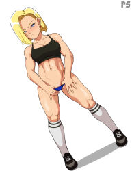 Rule 34 | 1girl, abs, absurdres, android 18, blonde hair, blue eyes, blue panties, breasts, cleavage, commentary, dragon ball, dragonball z, dutch angle, earrings, english commentary, frown, full body, groin, hair over one eye, highres, jewelry, kneehighs, medium breasts, medium hair, muscular, muscular female, navel, panties, panty pull, ponpu (pumpkinsinclair), shoes, sneakers, socks, solo, sports bra, underwear, watermark