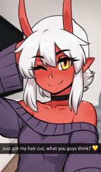 Rule 34 | 1girl, ;), absurdres, artist name, bare shoulders, black choker, blush, breasts, choker, closed mouth, collarbone, colored skin, commentary, demon girl, demon horns, demon tail, english text, grey hair, hair between eyes, hand on head, heart, highres, horns, indoors, li (rob ishi), looking at viewer, off-shoulder sweater, off shoulder, one eye closed, orange eyes, original, pointy ears, purple sweater, red skin, rob ishi, selfie, short hair, skin-covered horns, smile, snapchat, solo, sweater, symbol-only commentary, tail, television, upper body, white hair
