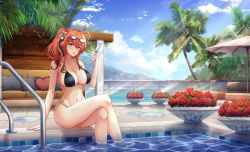 Rule 34 | 1girl, absurdres, azur lane, bikini, black bikini, breasts, cloud, cloudy sky, couch, day, flower, food, goggles, goggles on head, highleg, highleg bikini, highres, ice cream, large breasts, multi-strapped bikini, multiple straps, o-ring, o-ring bikini, palm tree, pool, poolside, red hair, rose, side ponytail, sitting, sky, swimsuit, thighs, tongue, tongue out, tree, vase, water, wet, wr (929481795), yellow eyes, zara (azur lane), zara (poolside coincidence) (azur lane)