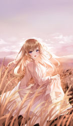 Rule 34 | 1girl, :d, absurdres, autumn, blurry, blurry background, blush, brown hair, choc, clear sky, cloud, commentary, cowboy shot, day, dress, highres, holding, holding clothes, holding dress, light brown hair, long hair, long sleeves, looking at viewer, open mouth, original, pink eyes, purple sky, sky, smile, standing, sunset, swept bangs, symbol-only commentary, wheat field, white dress