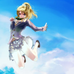 Rule 34 | 10s, 1girl, ayase eli, blazer, blonde hair, blue eyes, blue sky, cloud, cross-empire, day, jacket, jumping, loafers, long hair, looking at viewer, love live!, love live! school idol festival, love live! school idol project, ponytail, school uniform, shoes, sketch, sky, socks, solo, thighs