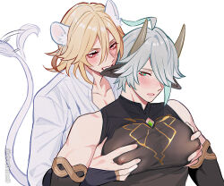 Rule 34 | 2boys, alhaitham (genshin impact), animal ears, aqua hair, biting, blonde hair, blush, brown hair, chest jewel, covered erect nipples, detached sleeves, ear biting, genshin impact, grabbing, grabbing from behind, grey hair, hair between eyes, hair over one eye, horns, kaveh (genshin impact), male focus, meiji (meiji770), multicolored hair, multiple boys, nipples, open mouth, pectoral grab, red eyes, see-through, shirt, simple background, tail, tail wagging, twitter username, upper body, white background, white shirt, yaoi
