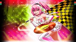 Rule 34 | 1girl, bare shoulders, beatmania, beatmania iidx, breasts, cleavage, flag, goli matsumoto, headphones, holding, holding flag, holding record, medium breasts, navel, non-web source, nyah (beatmania iidx), official art, open mouth, pink hair, ponytail, shirt, short hair, skirt, smile, teeth, thighs, upper teeth only, white skirt, wristband