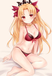 Rule 34 | 1girl, bare arms, bare shoulders, bed sheet, blonde hair, blush, bow, bow bra, bra, breasts, cleavage, closed mouth, collarbone, commentary request, earrings, ereshkigal (fate), fate/grand order, fate (series), hair bow, head tilt, infinity symbol, jewelry, long hair, looking at viewer, medium breasts, navel, necklace, necktie, nikoo, panties, parted bangs, red bow, red bra, red eyes, red panties, sitting, skull, solo, tiara, two side up, underwear, underwear only, very long hair, yokozuwari