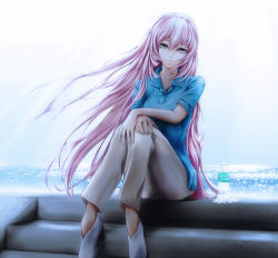 Rule 34 | 1girl, blue eyes, bottle, casual, cityscape, long hair, looking at viewer, megurine luka, museum2088, outdoors, pants, pink hair, shoes, sitting, sky, smile, solo, very long hair, vocaloid